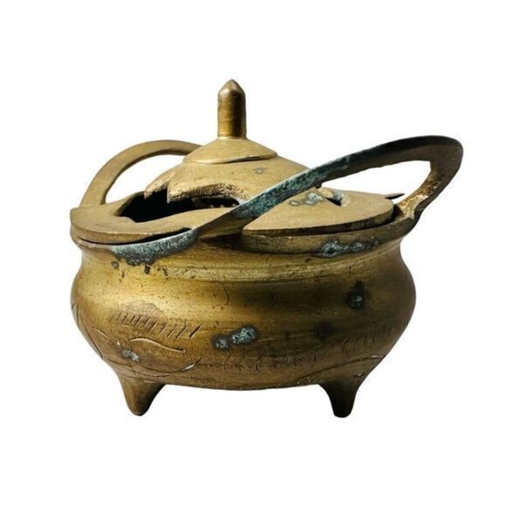 Chinese Signed Solid Brass Metal Stamped China Three Legged Incense Censer Bowl